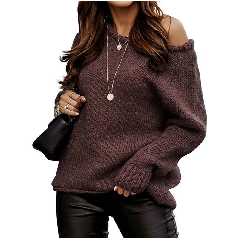 Damen lässiger Pullover mit offenem Schulterdesign und weichem Strick Drune