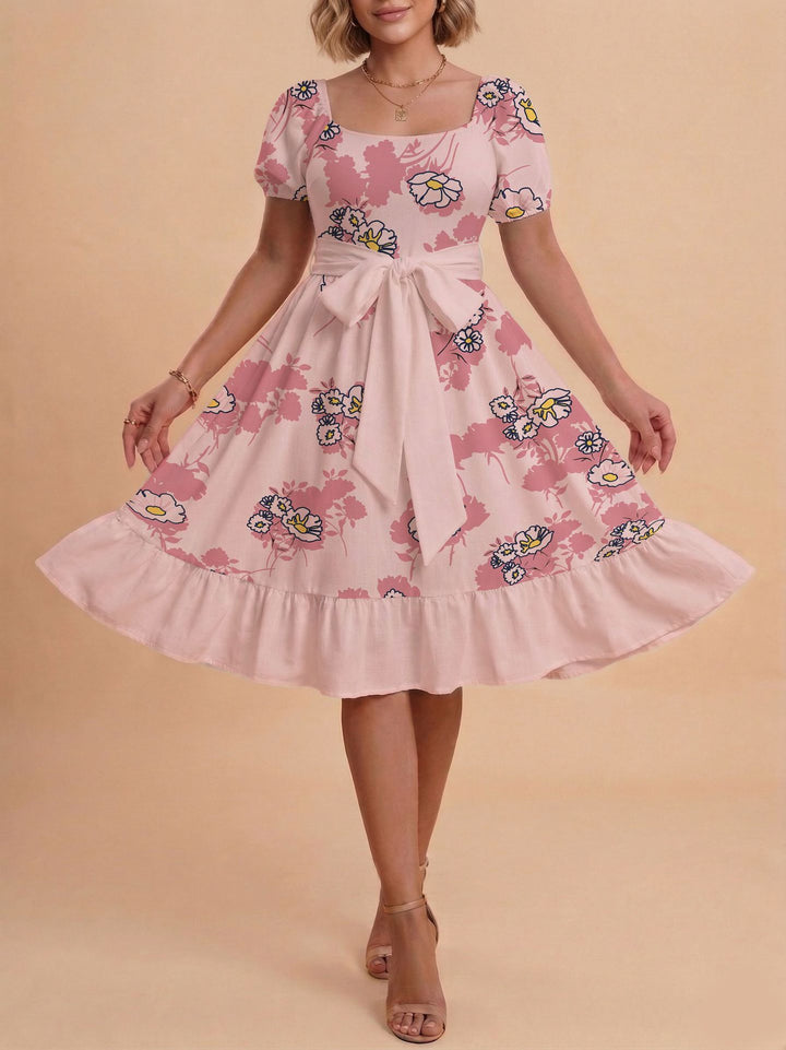 Damen Retro Maxikleid mit Puffärmeln und Taillengürtel Drune