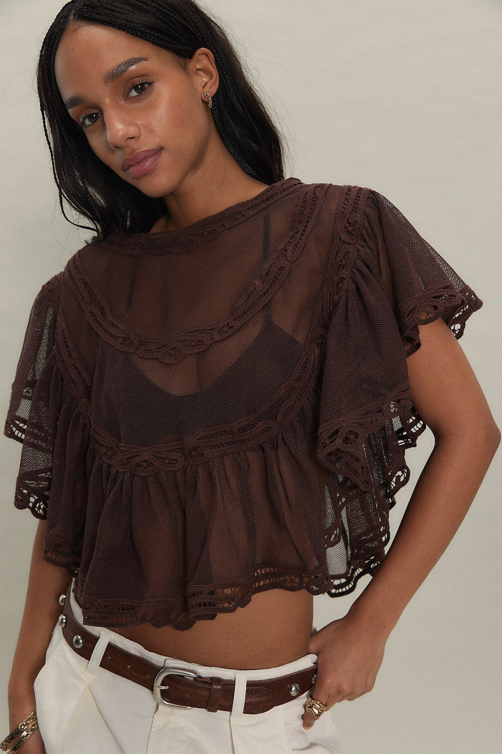 Damen Elegante Häkelbluse mit voluminösen Rüschendetails und transparentem Stoff Drune