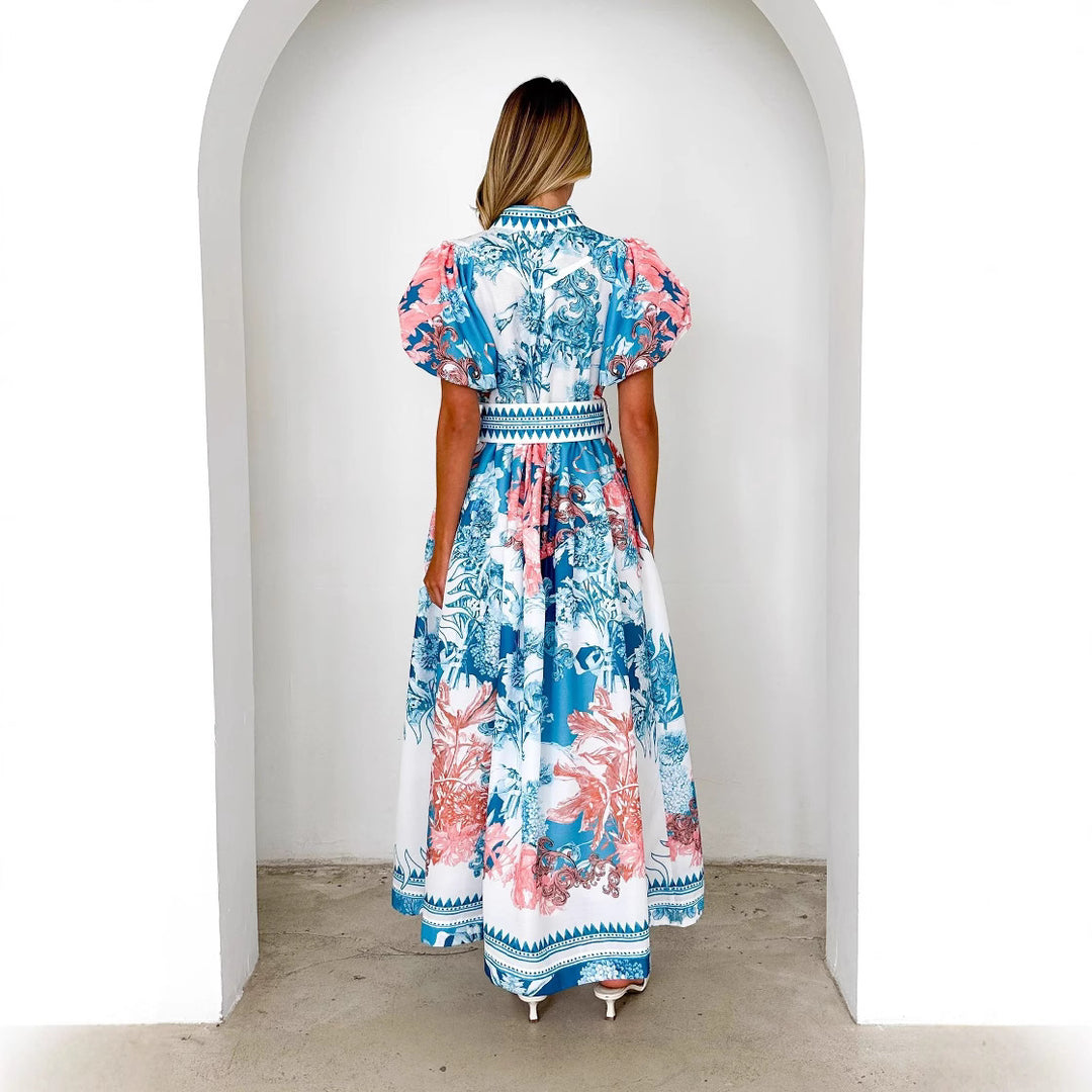 Damen Maxikleid mit hohem Kragen und eleganten Puffärmeln Drune