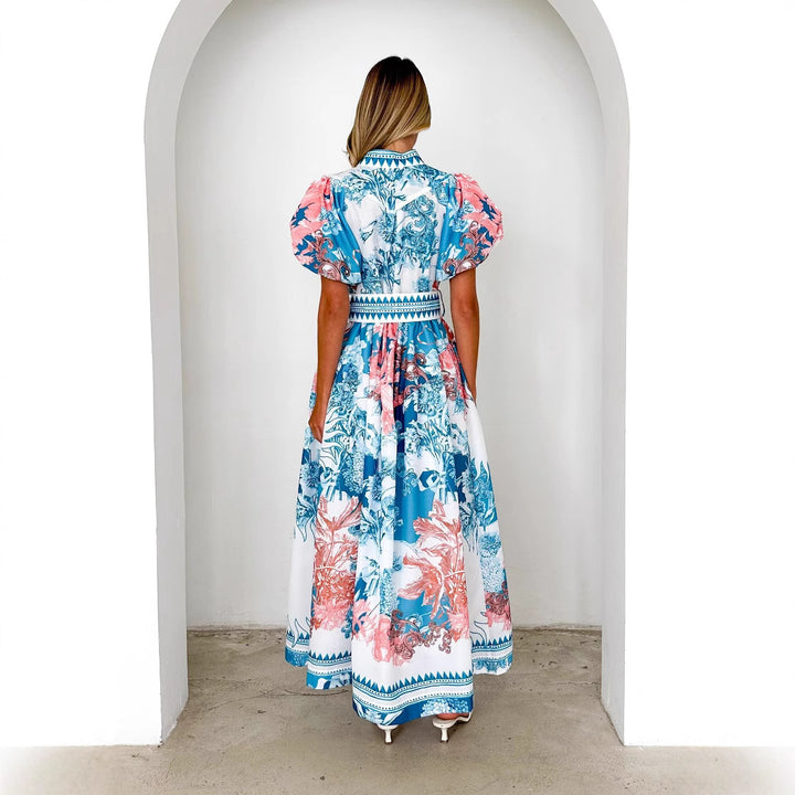 Damen Maxikleid mit hohem Kragen und eleganten Puffärmeln Drune