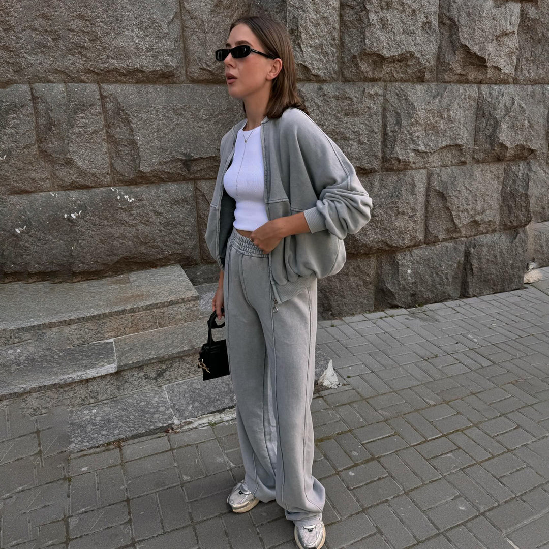 Damen lässiger Zweiteiler mit sweatshirtähnlichem Oberteil und weitem Hosenansatz Drune