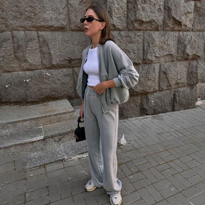 Damen lässiger Zweiteiler mit sweatshirtähnlichem Oberteil und weitem Hosenansatz Drune