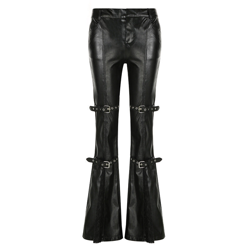 Damen Modische Kunstleder Flared Hose mit verstellbarem Bund Drune