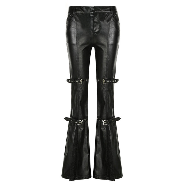 Damen Modische Kunstleder Flared Hose mit verstellbarem Bund Drune