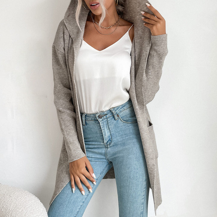Damen lässiger Strickcardigan mit hohem Kragen und offenen Front Drune