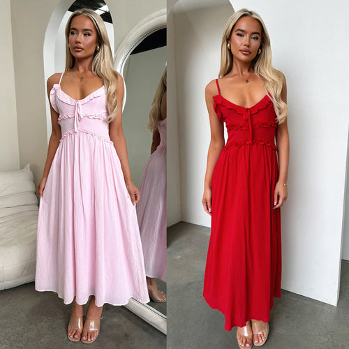 Damen Maxikleid mit zarten Rüschen und verstellbaren Spaghetti-Trägern Drune