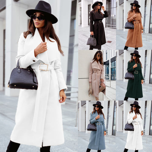 Damen eleganter Trenchcoat mit breitem Revers und taillierbarem Gürtel Drune