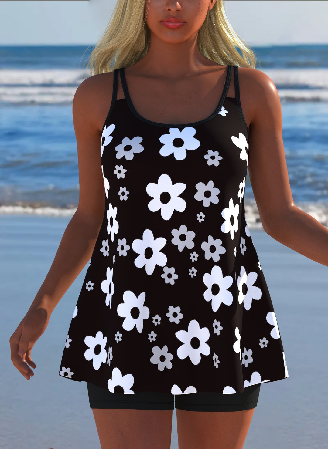 Damen Schwimmanzug in Plissee-Optik mit floralen Mustern und bequemen Shorts Drune