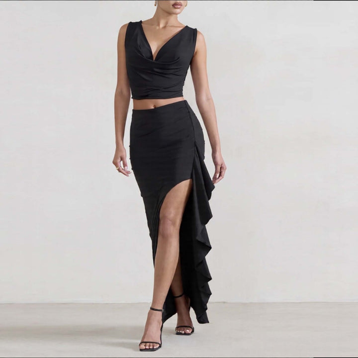 Damen Elegantes Crop-Top und Maxi-Rock Set mit hohem Schlitz Drune