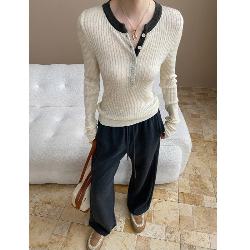 Damen lässiger Henley-Pullover mit Rippstruktur Drune
