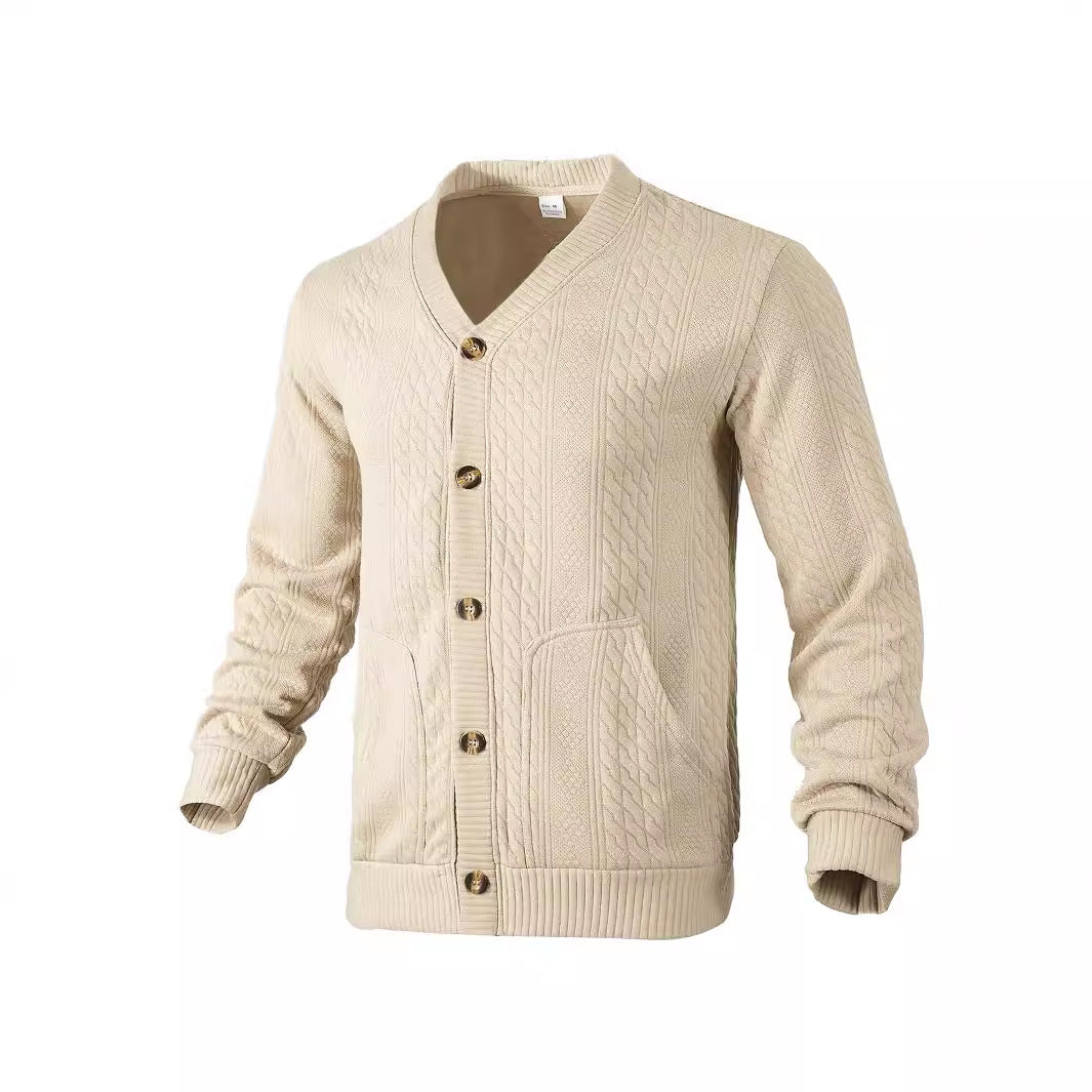 Herren nan eleganter Zopfstrickcardigan mit V-Ausschnitt Knopfleiste und aufgesetzten Taschen Drune