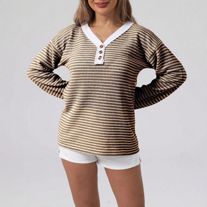 Damen lässiger Strickpullover mit schimmernden Streifen und kontrastierendem Kragen Drune