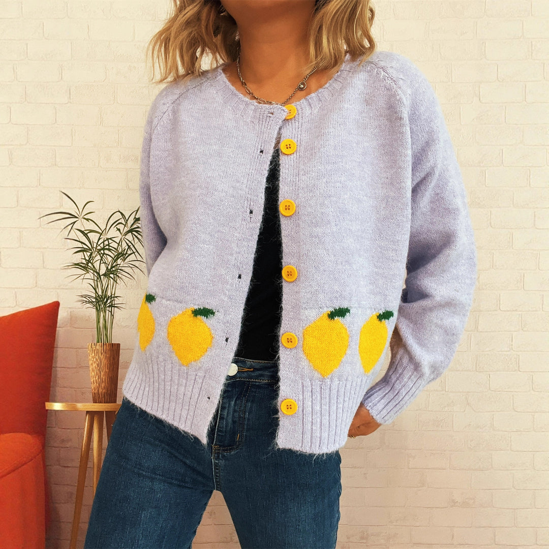 Damen Strickjacke mit fruchtigem Motiv und Knopfdetails Drune