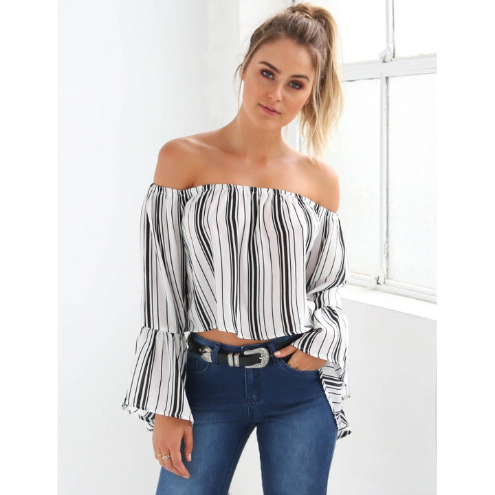 Damen Off-Shoulder Bluse mit voluminösen Ärmeln und gestreiftem Design Drune