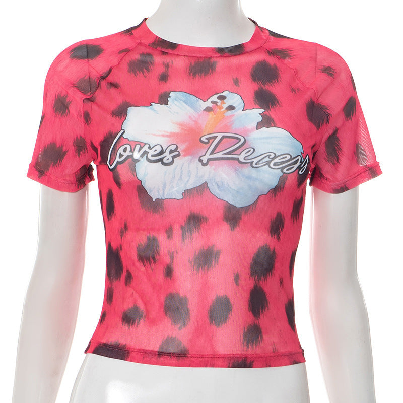 Damen modisches Crop-Top mit floralem Druck und trendigem Leopardenmuster Drune