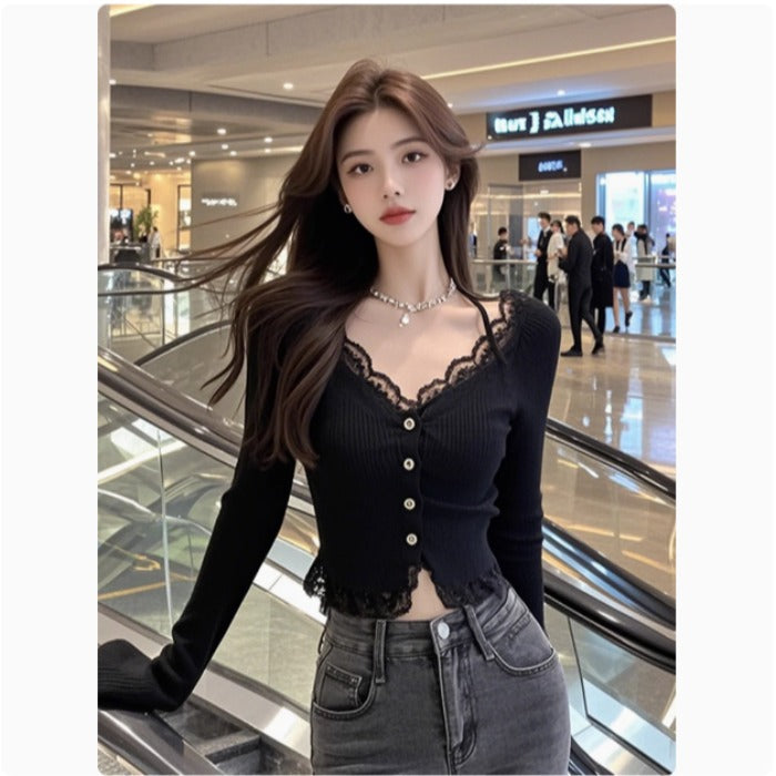 Damen elegantes Langarmshirt mit Spitzenbesatz Drune