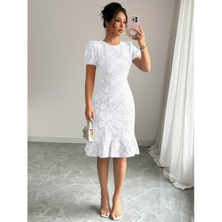 Damen elegantes Midikleid mit voluminösen Ballonärmeln und floralen Akzenten Drune