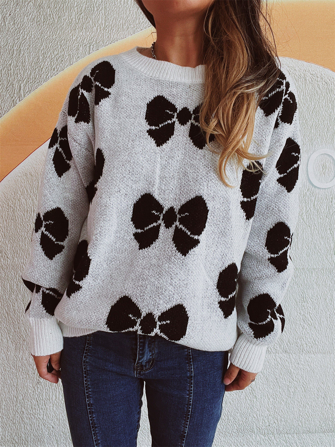 Damen lässiger Pullover mit verspieltem Schleifenmuster Drune