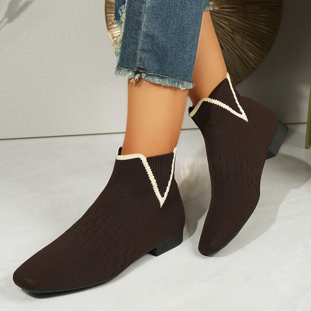 Damen nan gestrickte Sock-Stiefelette mit elastischem V-Einsatz, Zugschlaufe und flachem Blockabsatz Drune