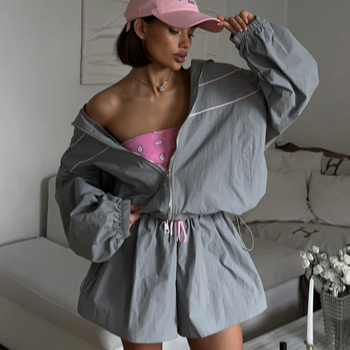 Damen sportive Kurzjacke mit weiten Ärmeln und kurzen Hosen Drune