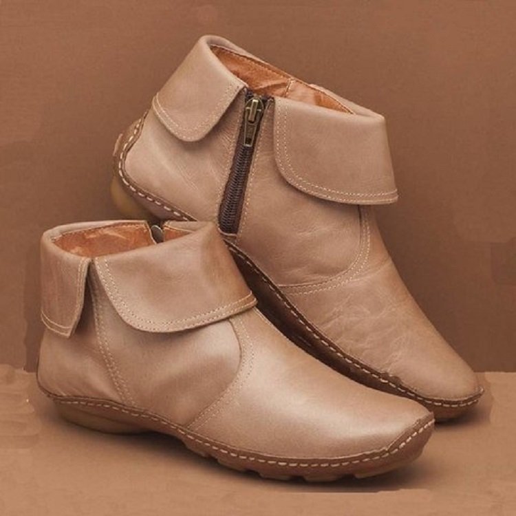 Damen nan weiche Leder-Booties mit klappbarem Riemen, seitlichem Reißverschluss und flexibler Profilsohle Drune