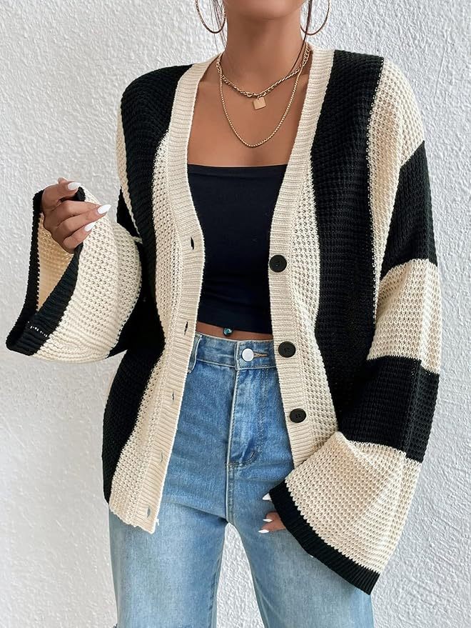 Damen stylische Strickjacke mit breiten Blockstreifen Drune