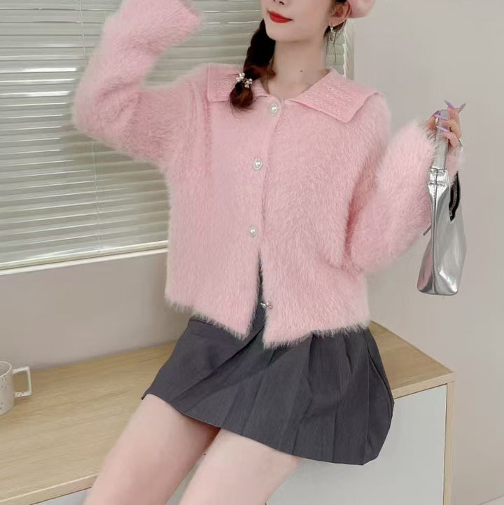 Damen Flauschige Strickjacke mit dekorativem Kragen Drune