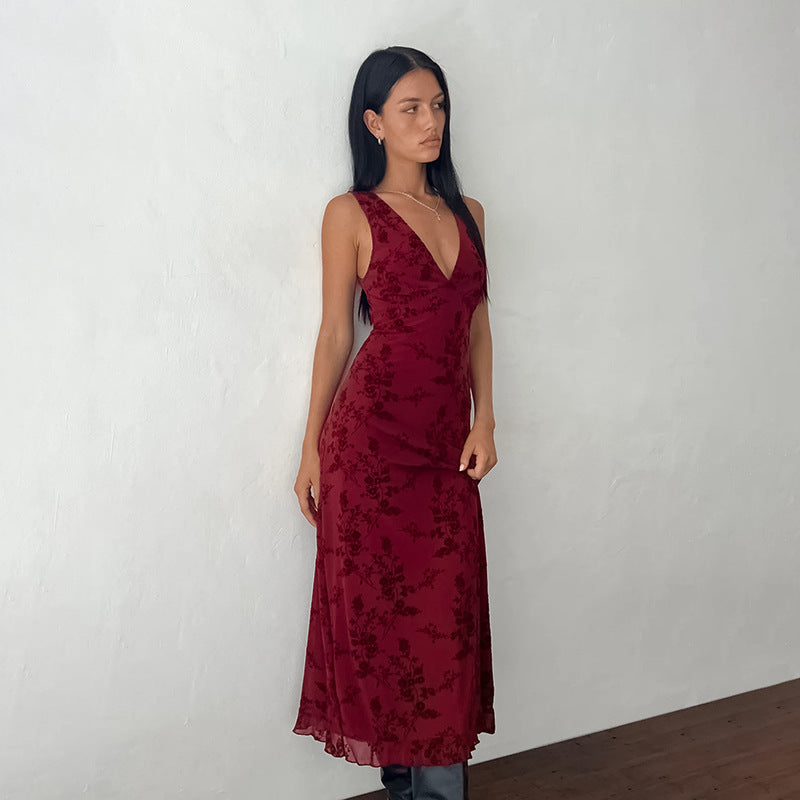 Damen Maxikleid mit floralem Spitzenmuster und tiefem V-Ausschnitt Drune