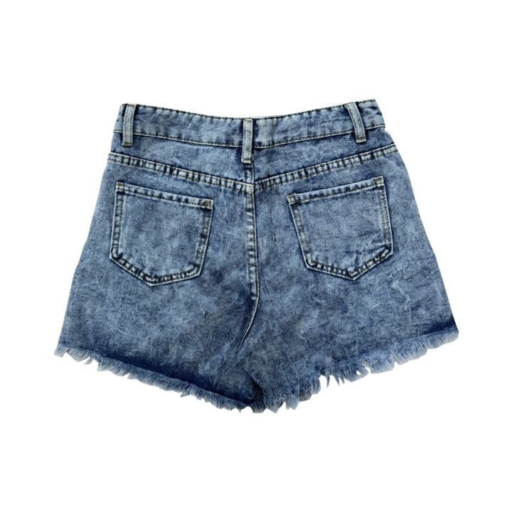 Damen Destroyed Denim-Shorts mit fransigen Taschen und modischen Aufnähern Drune