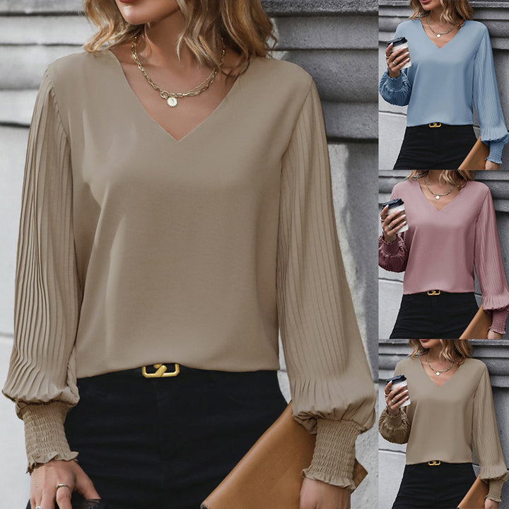Damen Bluse mit voluminösen Plisseeärmeln und elegantem V-Ausschnitt Drune