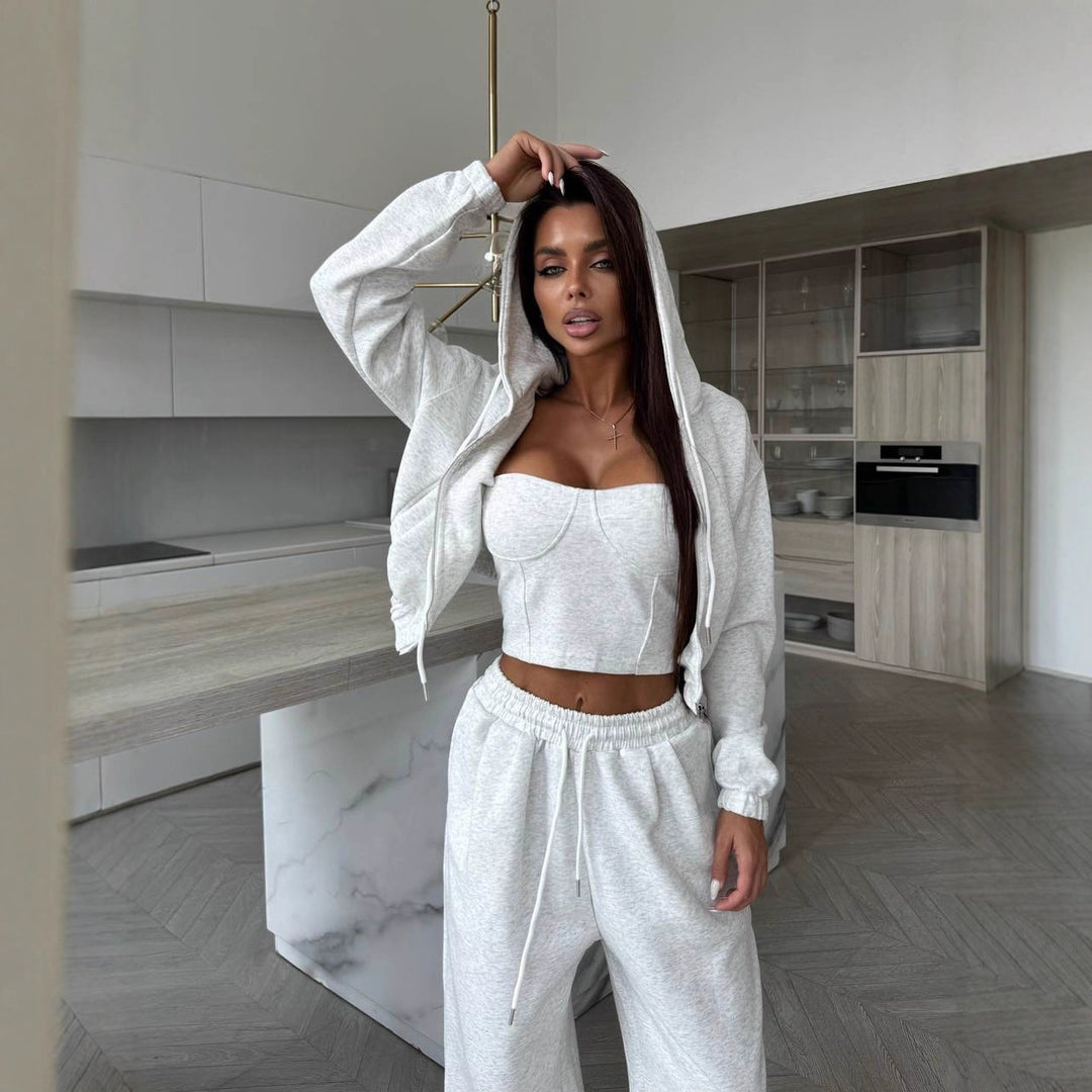 Damen Lässiges Hoodie-Set mit figurbetontem Top und weiter Jogginghose Drune