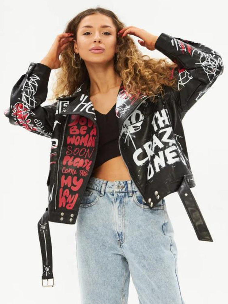 Damen Kunstlederjacke im Graffiti-Stil Drune
