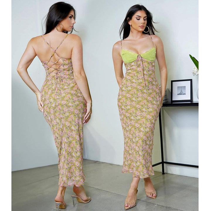 Damen Maxikleid mit elegantem Blumenmuster und raffinierten Trägerdetails Drune