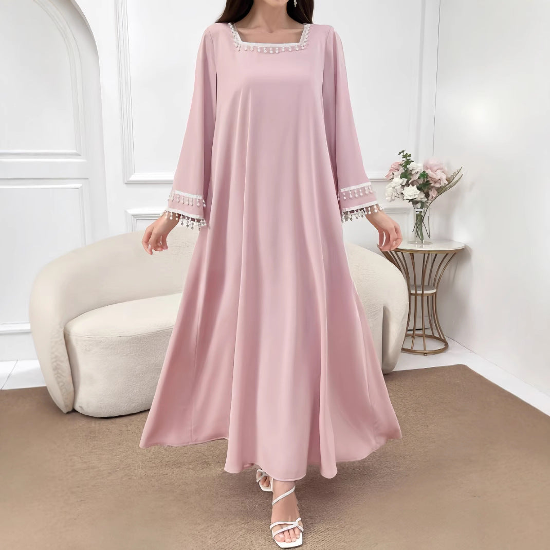Damen Elegantes Maxikleid mit dekorativen Fransen und weiten Ärmeln Drune