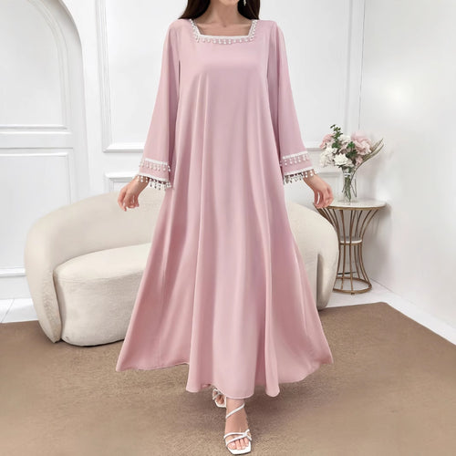 Damen Elegantes Maxikleid mit dekorativen Fransen und weiten Ärmeln Drune