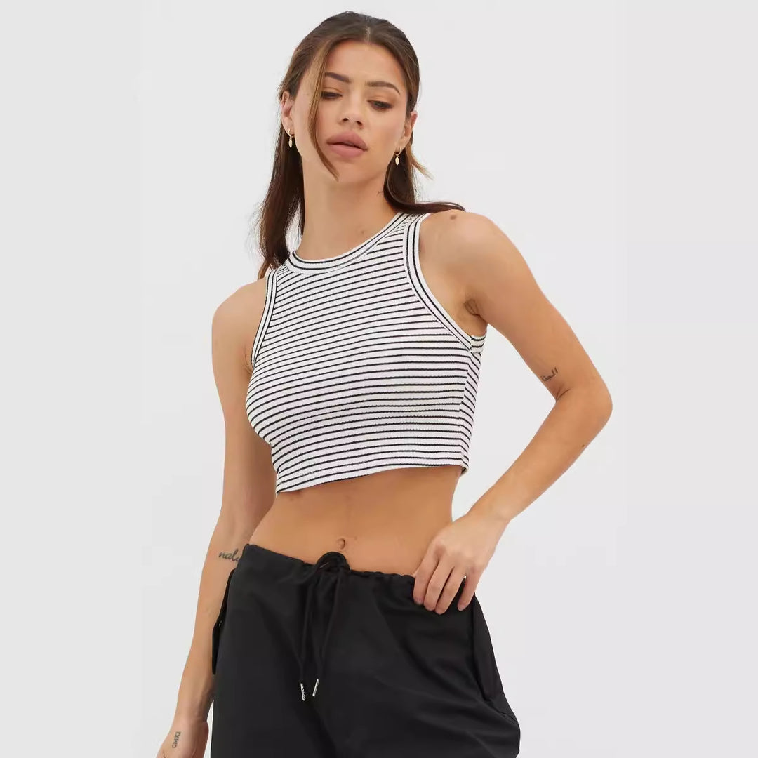 Damen cropped Tanktop mit modischem Streifenmuster und hohem Kragen Drune