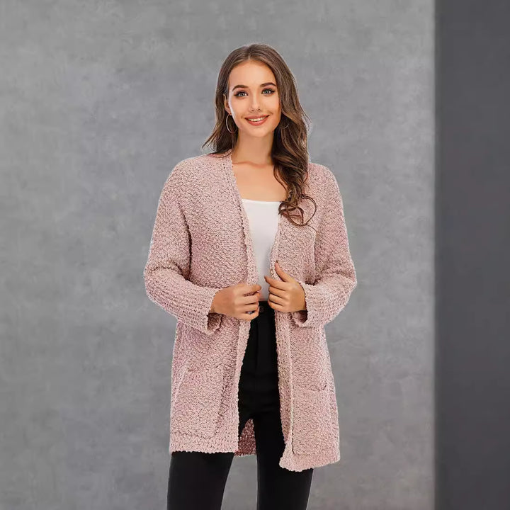 Damen kuschelige Strickjacke mit offenem Schnitt und großen Taschen Drune