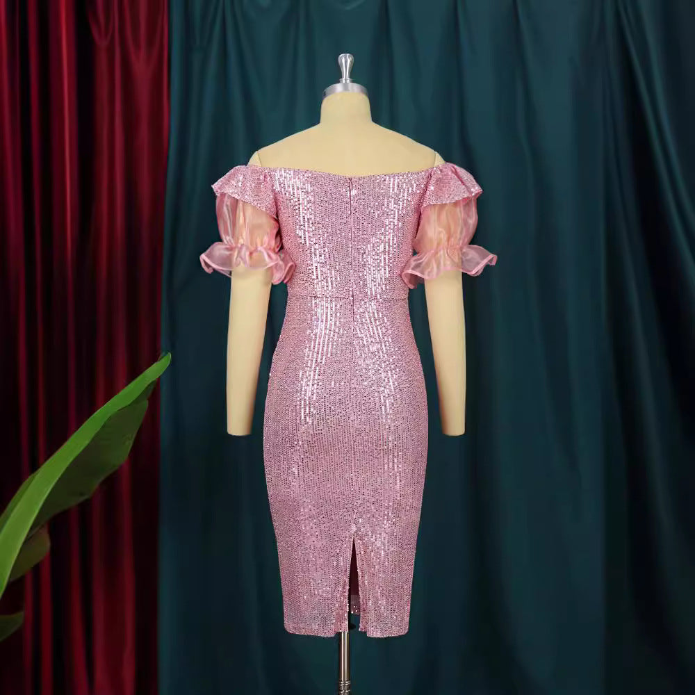 Damen Glitzerndes Cocktailkleid mit schulterfreiem Design und voluminösen Puffärmeln Drune