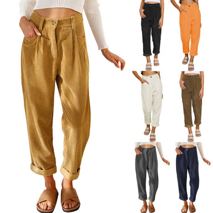 Damen modische Cordhose mit hohem Bund und weitem Bein Drune