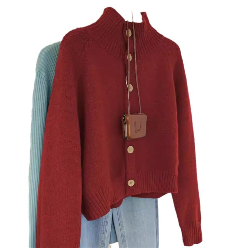 Damen knielange Strickjacke mit Stehkragen und modischen Holzknöpfen Drune