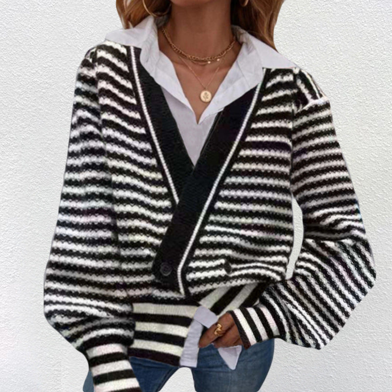 Damen Grobstrick Cardigan mit V-Ausschnitt und modernen Streifen Drune