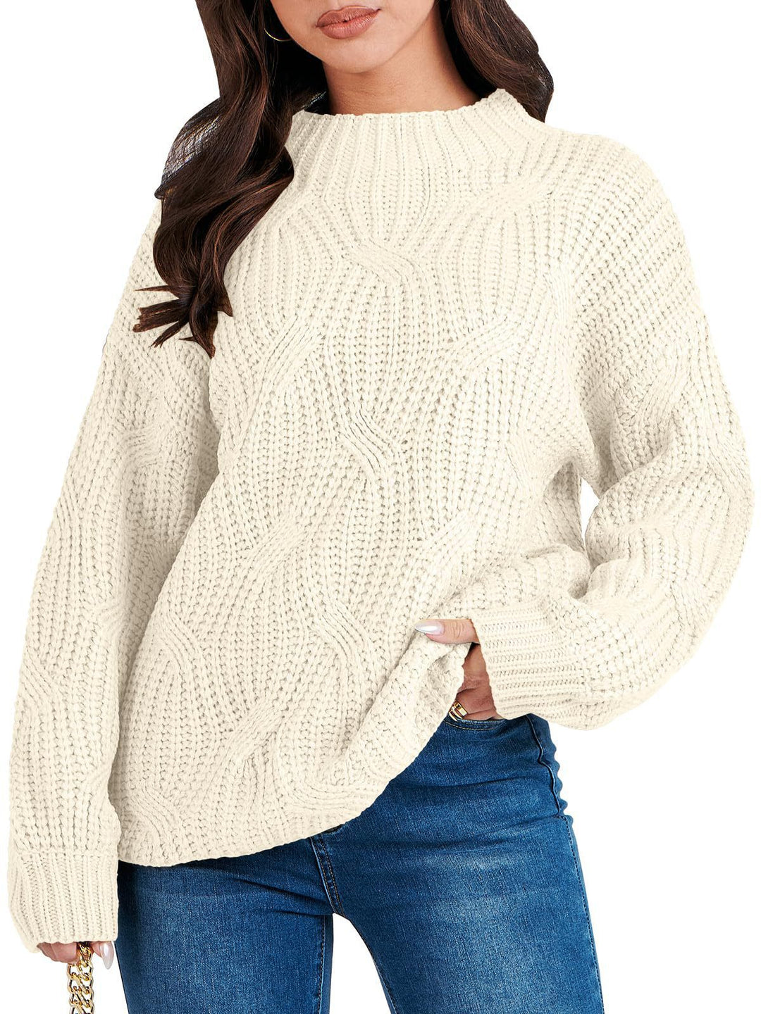 Damen Grobstrickpullover mit extravagantem Wellenmuster und hohem Kragen Drune