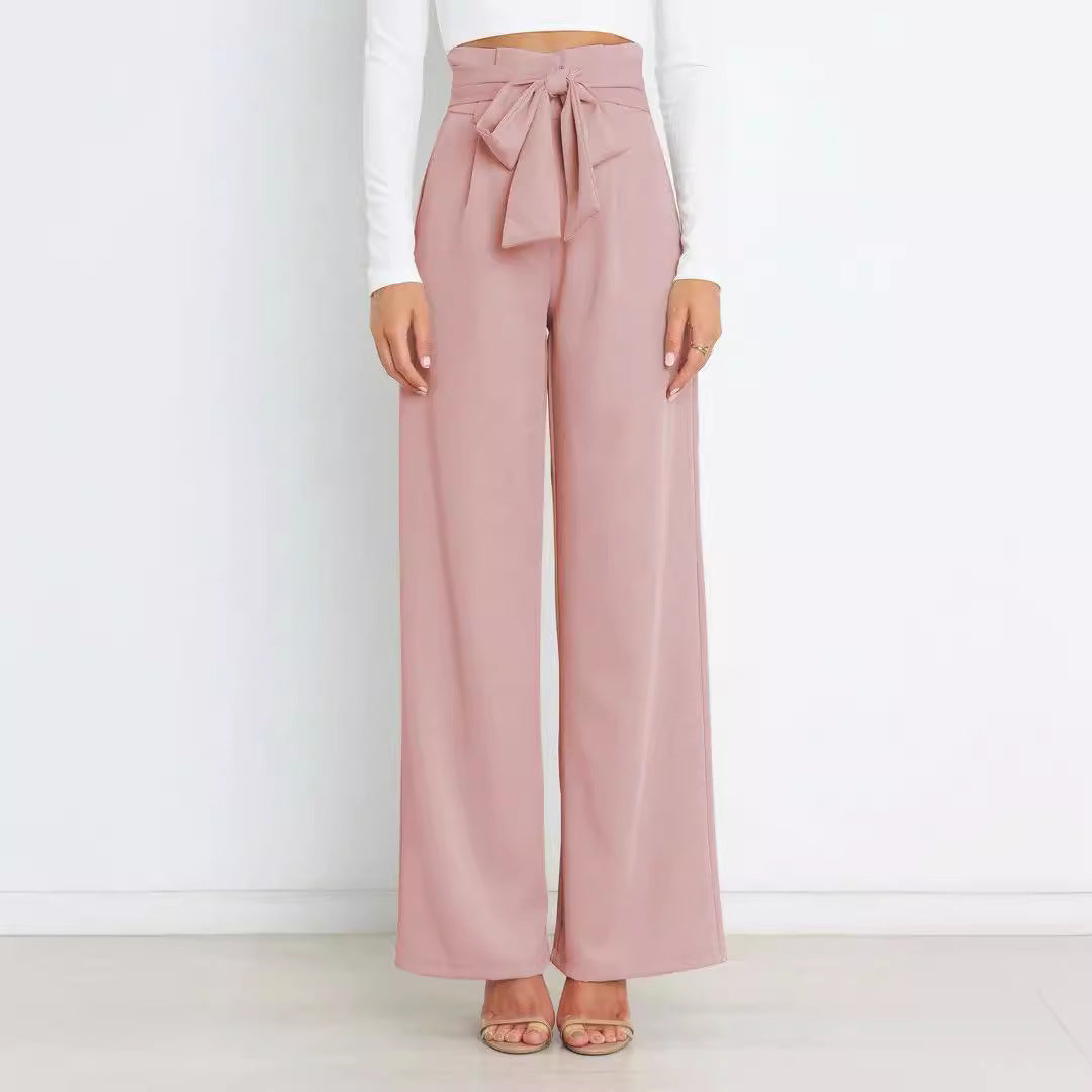 Damen Weite Stoffhose mit Bindegürtel und eleganten Taschen Drune