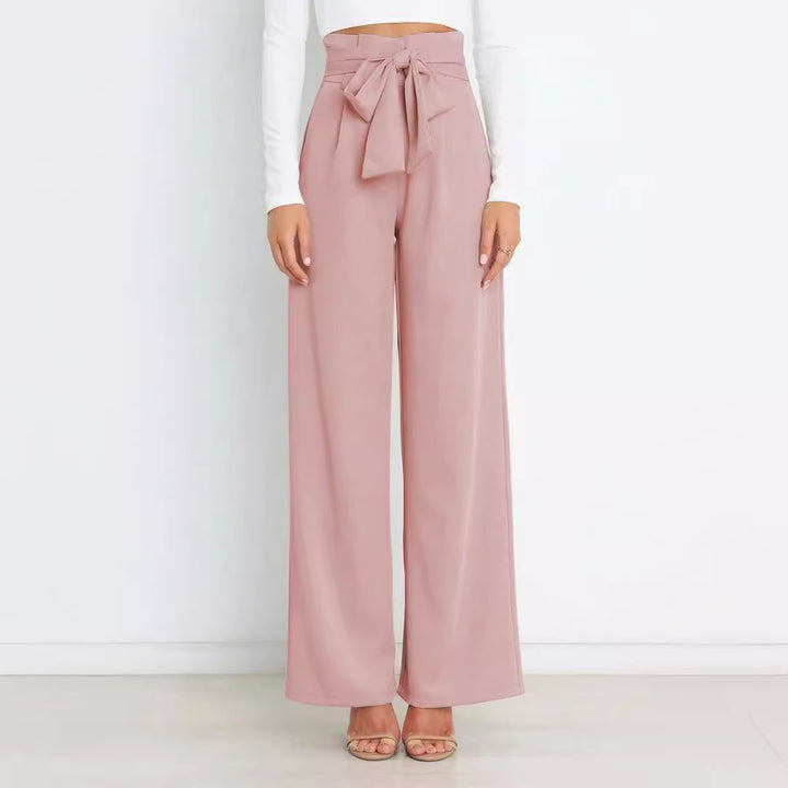 Damen Weite Stoffhose mit Bindegürtel und eleganten Taschen Drune