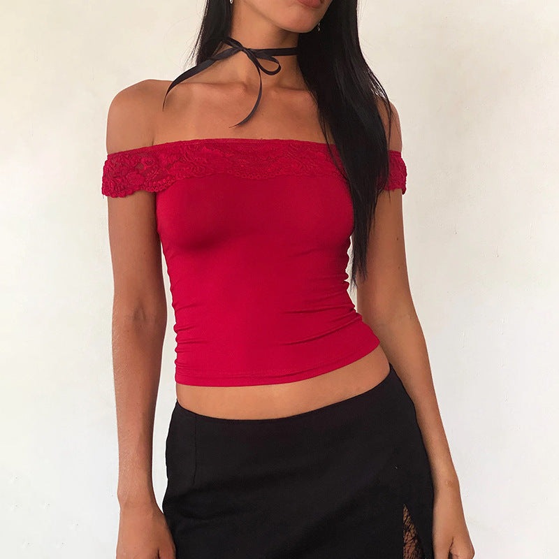 Damen Off-Shoulder Top mit Spitzenakzenten Drune