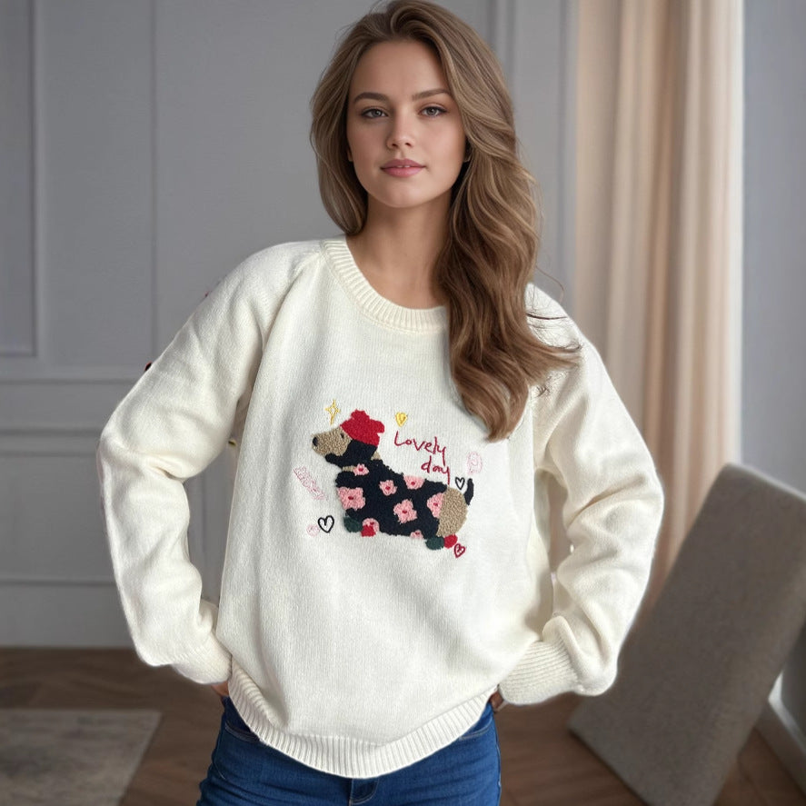 Damen Pullover mit tierischem Motiv und dekorativen Stickereien Drune
