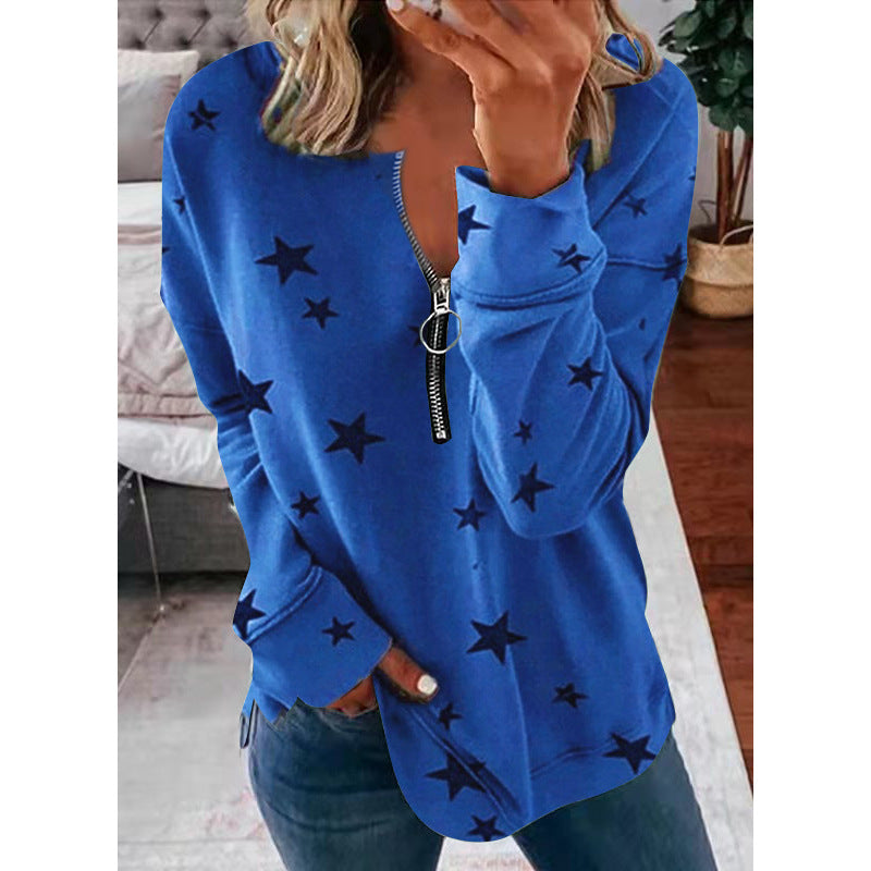 Damen Lässiger Sweatshirt mit Reißverschluss und Sternenmotiv Drune