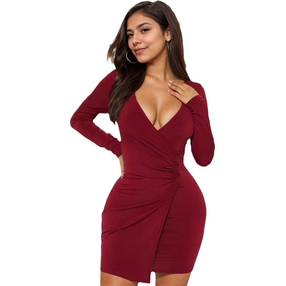 Damen figurbetontes Wickelkleid mit dekorativem Knopfdetail und tiefem V-Ausschnitt Drune