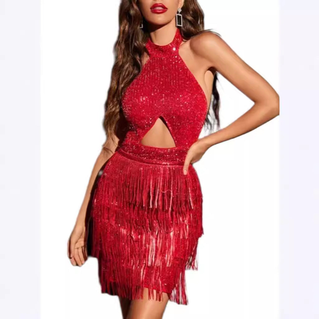 Damen Glitzerndes Fransen-Cocktailkleid mit schickem Halterdesign und Cut-Out Drune
